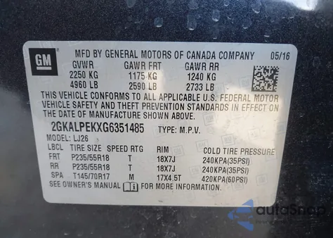 2016 GMC Terrain Slt z USA, uszkodzony, nr VIN 2GKALPEKXG6351485